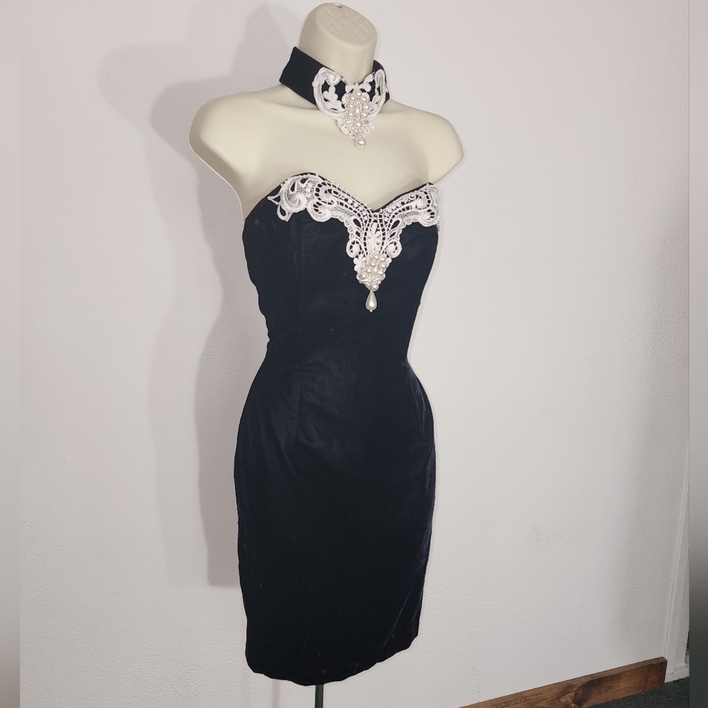 Scott McClintock Dress Vintage Velvet Faux Pearl And Lace Choker Black Size 4 - Picture 4 of 14